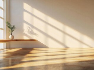 Fototapeta premium Sunlight Streams Through Window onto Room's Wooden Floor and Plant