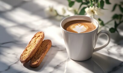 Cup of espresso served with a biscotti on a marble table, warm tones and textures creating a cozy and sophisticated moment