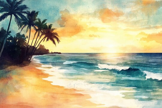 Seaside sunset watercolor illustration capturing palm trees and gentle waves on a serene beach at twilight. Generative AI