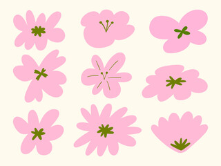 Abstract Hand Drawn Sakura Flower Shapes. A collection of 9 abstract hand-drawn sakura flower shapes in soft pink with green accents. Perfect for floral designs, stickers, and decorative elements