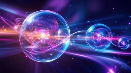 Obraz premium Cosmic energy spheres swirling; abstract nebula background; science, technology use