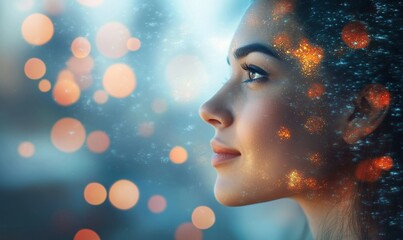 Fototapeta premium Dreamy Portrait of Woman with City Lights Boke image