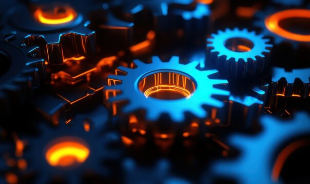 Close-up of interlocking gears illuminated by neon blue and orange lights, representing innovation and precision.