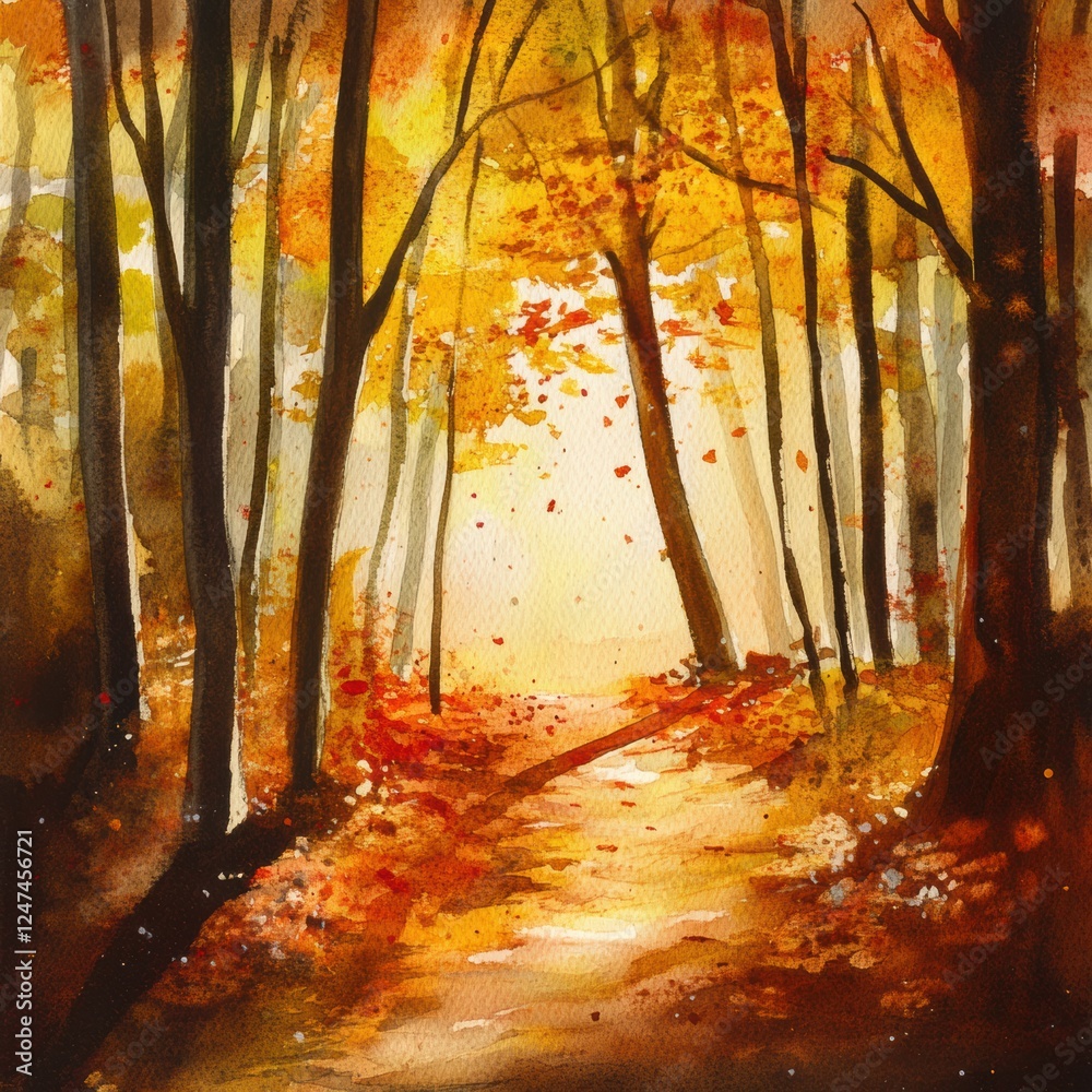Poster fall foliage in a tranquil forest path illuminated by warm sunlight during autumn season. generative