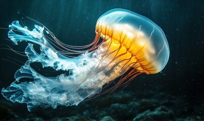 Dynamic view of glowing jellyfish with translucent textures in a deep, shadowy ocean environment.