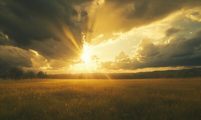 Dramatic shot of storm clouds forming over a vast open field, with golden sunlight breaking through, creating a sense of awe and nature's power