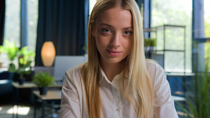 Business portrait Caucasian young woman gen z student girl businesswoman working with computer...