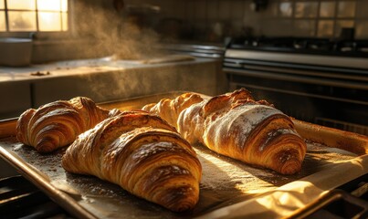 Rustic loaf of sourdough bread and croissants on a baking sheet, with warm light highlighting their golden crust, creating a homey feel
