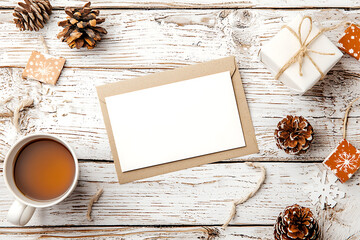 Cozy holiday scene with blank greeting card, pine cones, and warm drink
