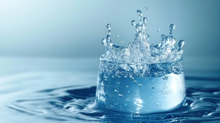 Water splashing glass, studio shot, blue background, hydration