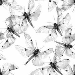Seamless Pattern with Elegant Flying Insects in Monochrome, Contour Line Drawing on White Background
