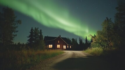 Northern Lights illuminate cozy cabin, rural road, starlit night, travel poster