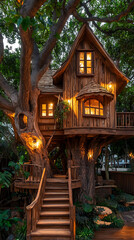 Obraz premium rustic wooden treehouse nestled among lush green trees, illuminated at night, creates magical atmosphere