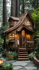 Obraz premium rustic wooden treehouse nestled among lush greenery, featuring charming windows and warm lighting, creating cozy atmosphere