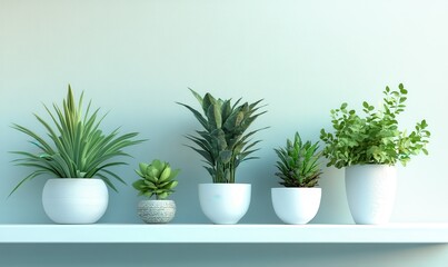 Modern potted plants with vibrant greenery, placed on a minimalist white shelf against a soft background
