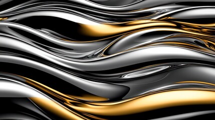 Abstract metallic waves, gold, silver, flowing, dark background, design