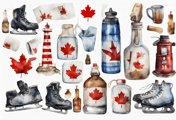 clipart flag canada design handdrawn syrup hockey background lighthouse big creative paint watercolour decoration maple national skates set symbols cutout various bottle white canadian watercolor