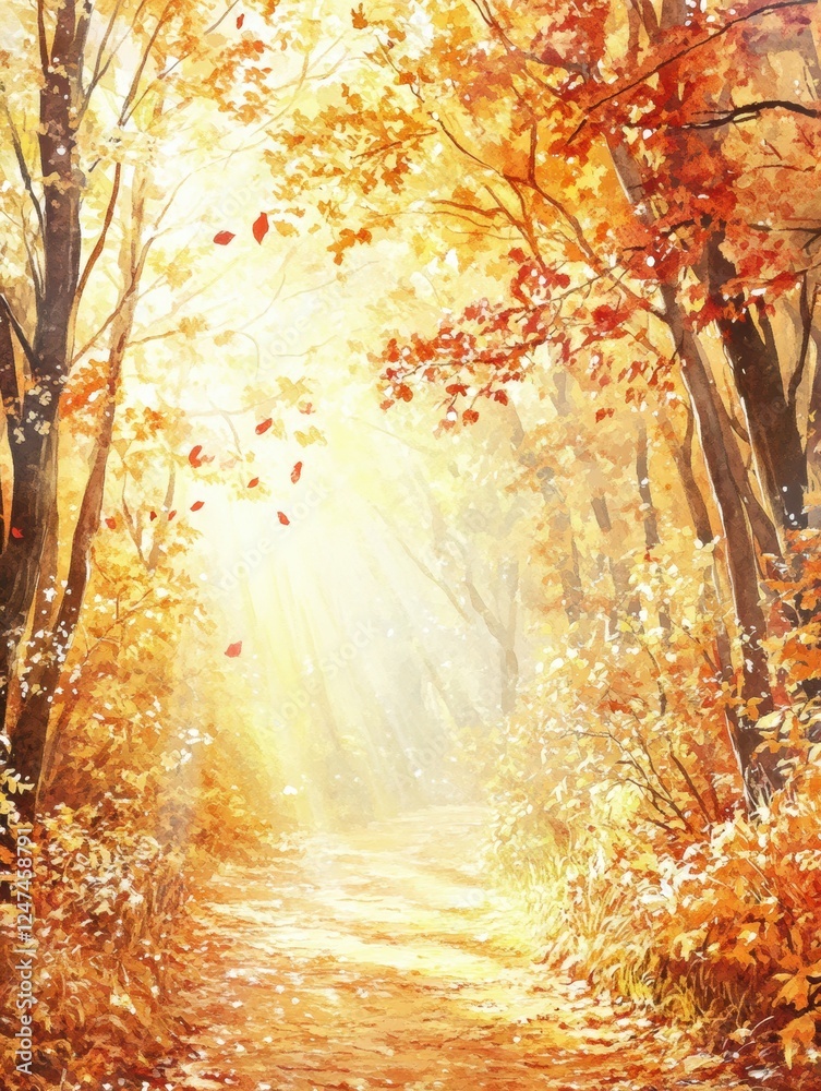Aufkleber colorful autumn forest path illuminated by warm sunlight with falling leaves creating a serene atmos