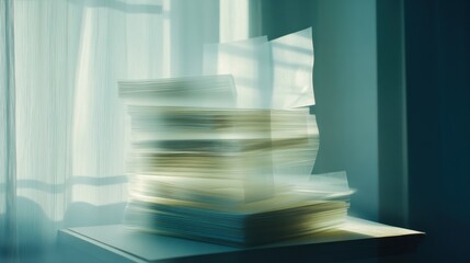 Obraz premium Sunlit papers stack, indoor office, blurred motion, design project