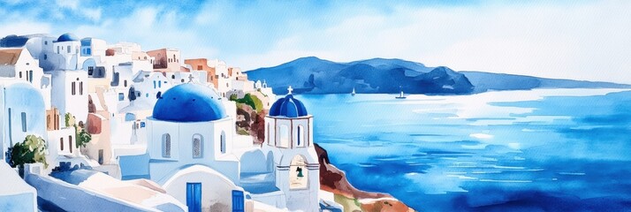 Obraz premium Watercolor illustration of a serene coastal village with blue domes and a peaceful sea view at dusk. Generative AI