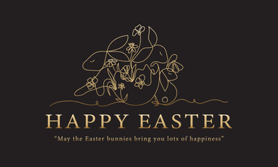 Creative Happy Easter banner design. Gold and black. Family bannies, egg shape, spring flowers drawn by one line. Text and slogan. Layout for flyer, voucher, greeting card. Vector illustration.