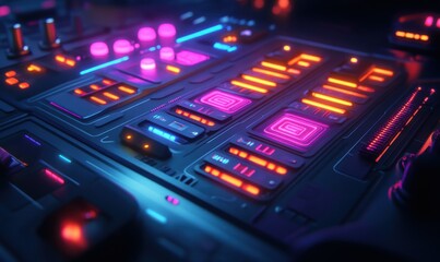 Obraz premium Futuristic control panel with vibrant neon buttons, symbolizing innovative digital technology, set against a dark industrial environment, intricate details