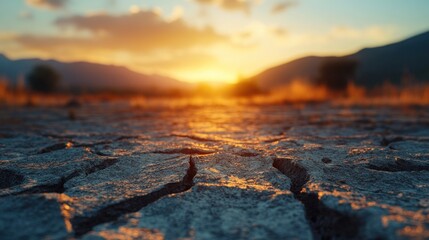 Sunset over cracked earth, arid landscape, drought, environmental impact
