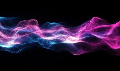 Gentle curve of glowing particle waves in cyan and magenta, creating a calming yet dynamic abstract pattern.