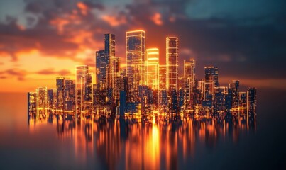 Fototapeta premium Modern city skyline with glowing neon highlights, underscored by a golden sunset blending innovation with nature.