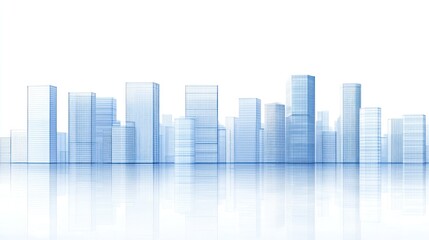 Obraz premium Glass city skyline reflection, urban landscape, white background, architectural design, website banner