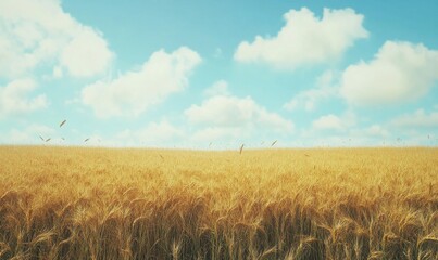 Golden field of wheat under a clear blue sky with soft clouds, capturing the beauty and simplicity of rural landscapes