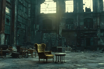 Abandoned factory interior, lone chair, sunlight