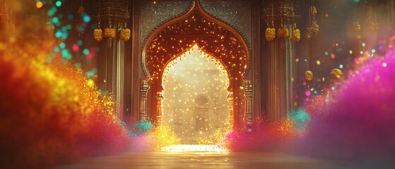 Vibrant Indian Holi Color Bursts Framing and Ornate Archway Palace with Marigold Garlands and Gold Detailing. Copy space. Generative AI