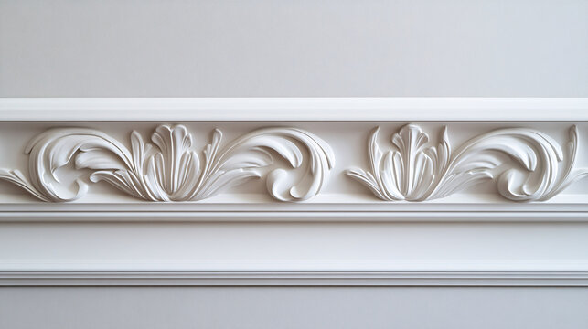 A detailed view of white wall skirting and trim molding in a room's interior, including baseboards and cornices with plaster stucco detailing.