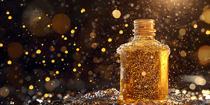 Elegant Golden Sparkling Liquid Bottle with Shimmering Glitter Background and Light Reflections for Luxury Celebration, Festive Night Photography, and Artsy Still Life Designs