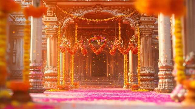 Vibrant Indian Holi Color Bursts Framing and Ornate Archway Palace with Marigold Garlands and Gold Detailing. Copy space. Generative AI