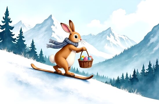Easter bunny on monoski in the mountains carrying a basket with easter eggs, Easter concept
