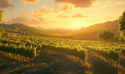 Fototapeta premium Scenic vineyard stretching across rolling hills under a warm sunset, with rows of grapevines glowing in rich green and gold hues