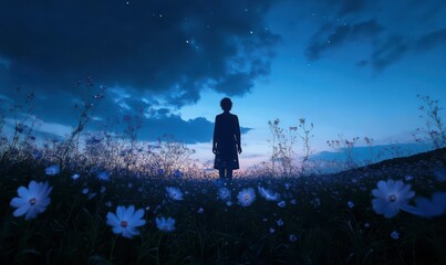 Silhouette of a person standing in a field of glowing flowers under a deep indigo sky.