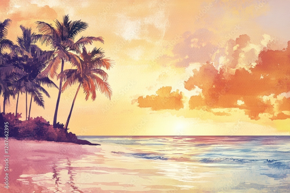 Poster watercolor illustration of a serene beach sunset with palm trees and gentle waves. generative ai