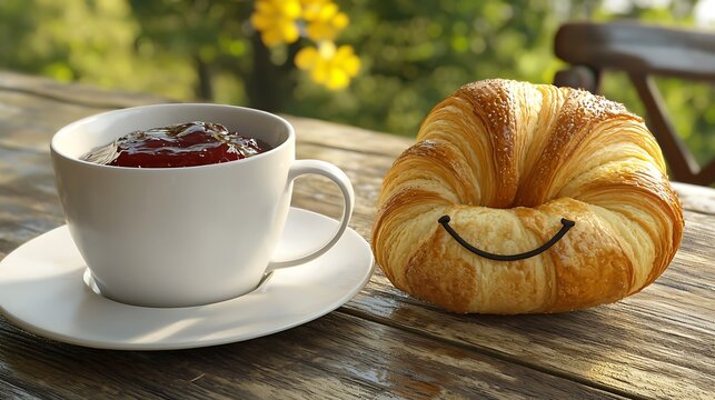 A cheerful croissant with a smile beside a cup of jam-filled tea on a sunny outdoor table - Powered by Adobe