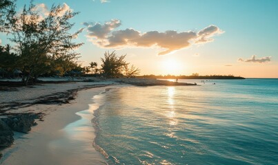 Magical Sunset Beach in the Bahamas. Paradise Vacation Scene. Well-being banner.