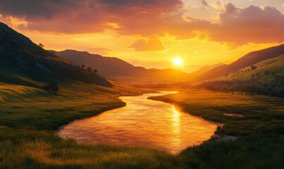 Majestic sunset over a serene river valley image