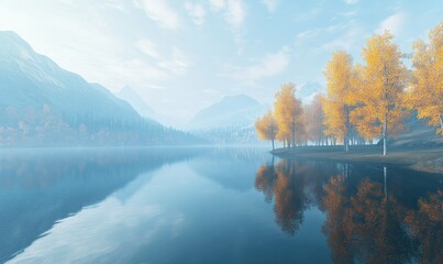 Fototapeta premium Serene mountain lake with reflections of autumn trees and a misty horizon, styled for a tranquil and picturesque scene