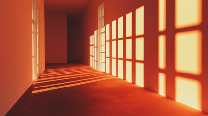 Sunset light illuminates long corridor, interior design, empty space, architectural rendering
