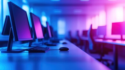 Neon-lit office computers, rows of workstations, modern workspace, data processing