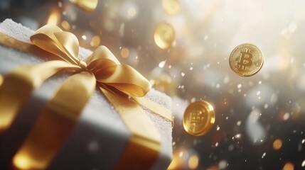 Gold ribbon gift, crypto coins falling, festive bokeh background, holiday promotion