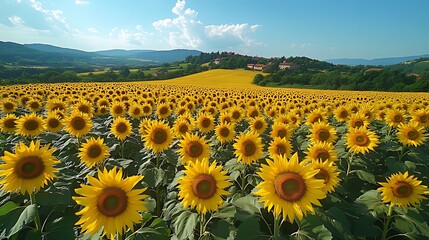 Obraz premium Sunflowers blooming hillside village summer
