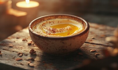 Smooth creamy hummus in a ceramic bowl, drizzled with olive oil and sprinkled with paprika, set on a rustic wooden table