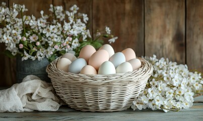Soft pastel Easter eggs in a decorative basket, styled with spring flowers and a rustic backdrop for festive charm